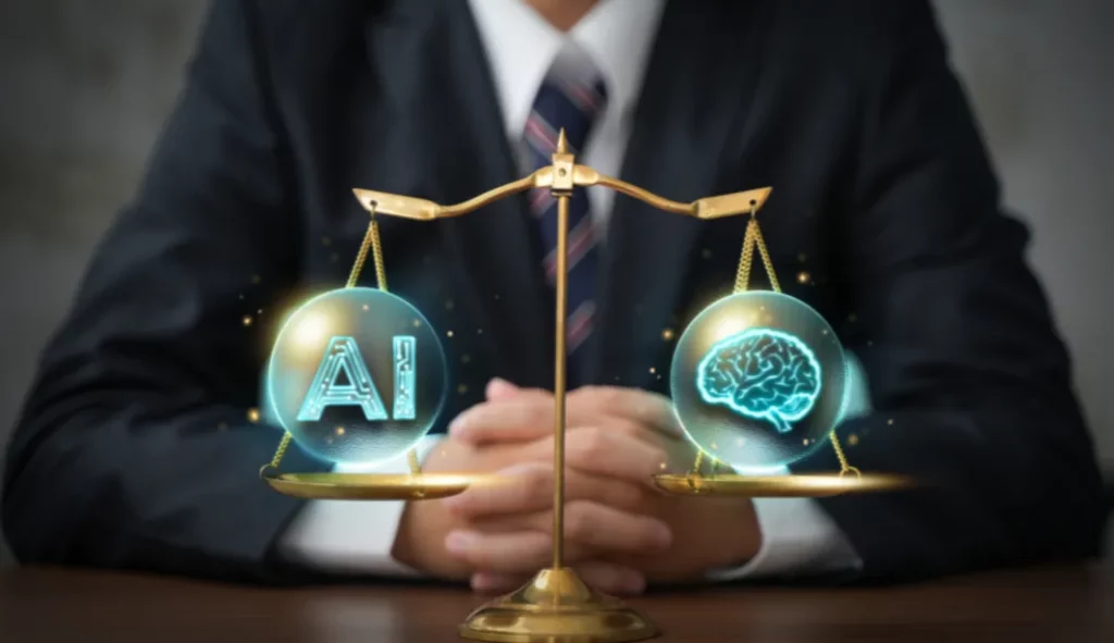 Image représentant une balance symbolique où d’un côté se trouvent des icônes de technologie, d’algorithmes et de données numériques, et de l’autre des symboles de justice, de confidentialité et de droits humains. Autour, des silhouettes humaines discutent et analysent ces éléments, illustrant le débat complexe et essentiel autour des enjeux éthiques de l’intelligence artificielle dans la société moderne, entre innovation technologique et respect des valeurs fondamentales.