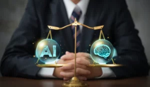 Image représentant une balance symbolique où d’un côté se trouvent des icônes de technologie, d’algorithmes et de données numériques, et de l’autre des symboles de justice, de confidentialité et de droits humains. Autour, des silhouettes humaines discutent et analysent ces éléments, illustrant le débat complexe et essentiel autour des enjeux éthiques de l’intelligence artificielle dans la société moderne, entre innovation technologique et respect des valeurs fondamentales.