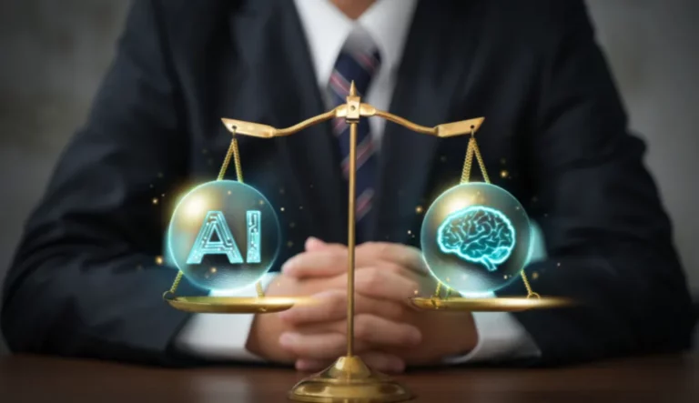 Image représentant une balance symbolique où d’un côté se trouvent des icônes de technologie, d’algorithmes et de données numériques, et de l’autre des symboles de justice, de confidentialité et de droits humains. Autour, des silhouettes humaines discutent et analysent ces éléments, illustrant le débat complexe et essentiel autour des enjeux éthiques de l’intelligence artificielle dans la société moderne, entre innovation technologique et respect des valeurs fondamentales.