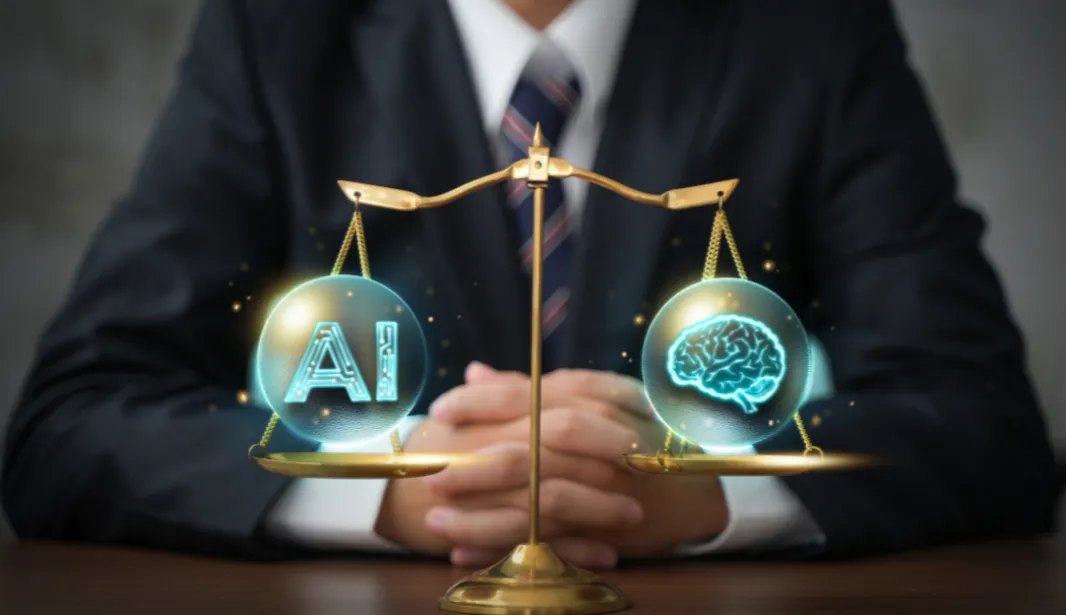 Image représentant une balance symbolique où d’un côté se trouvent des icônes de technologie, d’algorithmes et de données numériques, et de l’autre des symboles de justice, de confidentialité et de droits humains. Autour, des silhouettes humaines discutent et analysent ces éléments, illustrant le débat complexe et essentiel autour des enjeux éthiques de l’intelligence artificielle dans la société moderne, entre innovation technologique et respect des valeurs fondamentales.