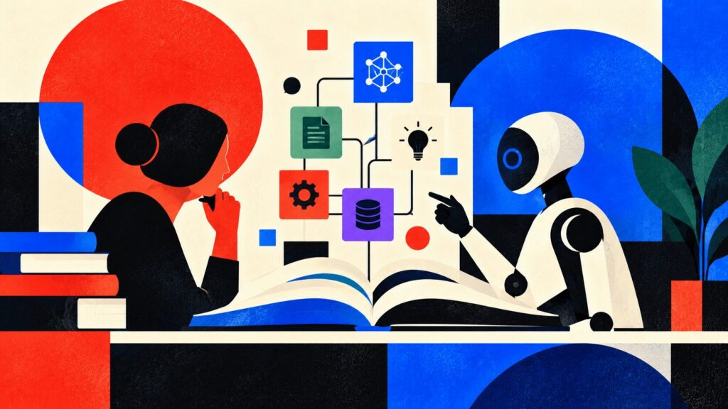Image conceptuelle illustrant le monde de l’intelligence artificielle à travers un collage visuel combinant un cerveau humain stylisé en circuits électroniques, des flux de données numériques en arrière-plan, et des icônes symbolisant des concepts clés comme les réseaux de neurones, les algorithmes, le machine learning, et le deep learning. Au centre, un livre ouvert avec des mots-clés qui s’en échappent, représentant le glossaire. Cette image incarne la fusion entre la cognition humaine et la technologie, ainsi que la richesse du vocabulaire essentiel pour comprendre et maîtriser l’intelligence artificielle dans ses multiples dimensions et applications.