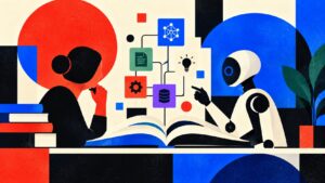 Image conceptuelle illustrant le monde de l’intelligence artificielle à travers un collage visuel combinant un cerveau humain stylisé en circuits électroniques, des flux de données numériques en arrière-plan, et des icônes symbolisant des concepts clés comme les réseaux de neurones, les algorithmes, le machine learning, et le deep learning. Au centre, un livre ouvert avec des mots-clés qui s’en échappent, représentant le glossaire. Cette image incarne la fusion entre la cognition humaine et la technologie, ainsi que la richesse du vocabulaire essentiel pour comprendre et maîtriser l’intelligence artificielle dans ses multiples dimensions et applications.