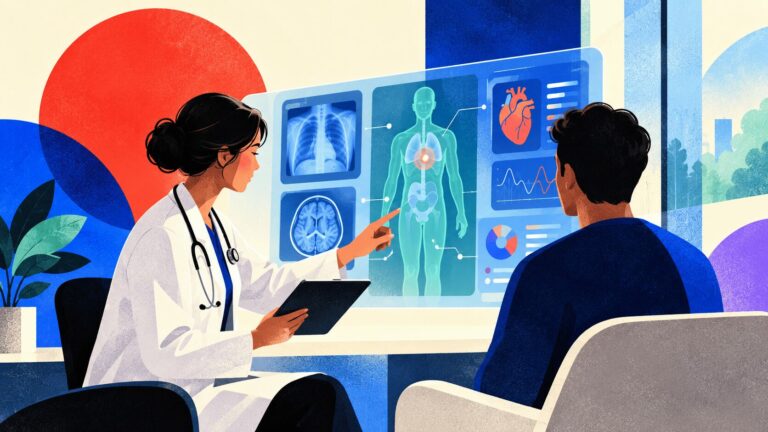 Image représentant un médecin et un patient dans une salle d’examen high-tech, entourés de graphiques numériques, d’éléments d’IA comme des réseaux neuronaux et des icônes médicales. Des écrans affichent des analyses d’images médicales, des données génétiques et des schémas d’organisation hospitalière. Cette illustration symbolise l’intégration profonde de l’intelligence artificielle dans le secteur de la santé, mettant en avant à la fois ses promesses – diagnostic, médecine personnalisée, optimisation – et les défis techniques, éthiques et humains à relever.
