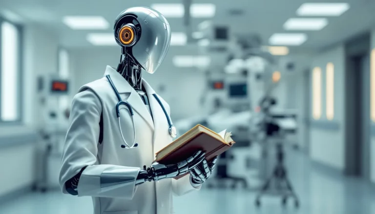 Image représentant un médecin et un patient dans une salle d’examen high-tech, entourés de graphiques numériques, d’éléments d’IA comme des réseaux neuronaux et des icônes médicales. Des écrans affichent des analyses d’images médicales, des données génétiques et des schémas d’organisation hospitalière. Cette illustration symbolise l’intégration profonde de l’intelligence artificielle dans le secteur de la santé, mettant en avant à la fois ses promesses – diagnostic, médecine personnalisée, optimisation – et les défis techniques, éthiques et humains à relever.