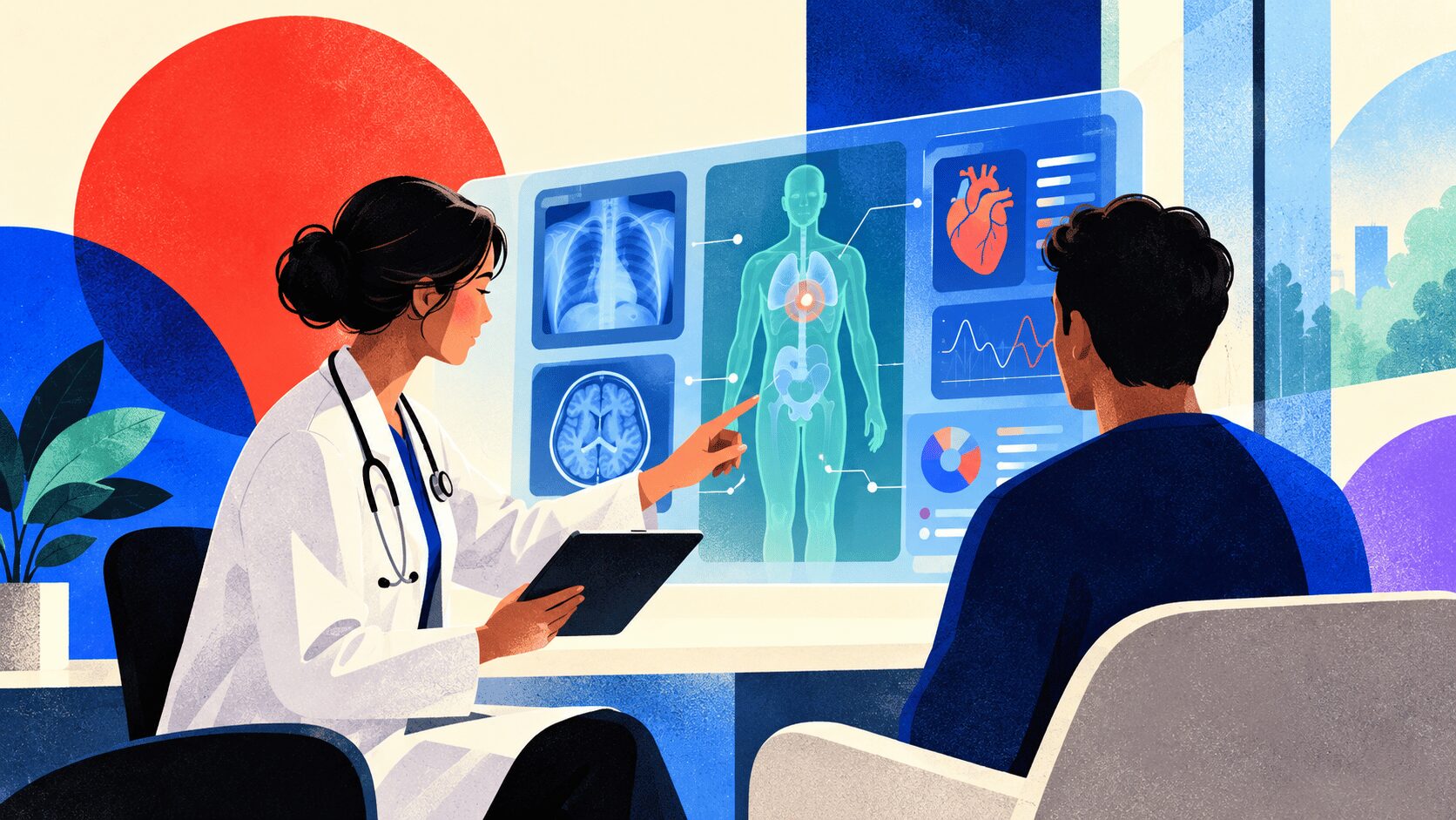 Image représentant un médecin et un patient dans une salle d’examen high-tech, entourés de graphiques numériques, d’éléments d’IA comme des réseaux neuronaux et des icônes médicales. Des écrans affichent des analyses d’images médicales, des données génétiques et des schémas d’organisation hospitalière. Cette illustration symbolise l’intégration profonde de l’intelligence artificielle dans le secteur de la santé, mettant en avant à la fois ses promesses – diagnostic, médecine personnalisée, optimisation – et les défis techniques, éthiques et humains à relever.