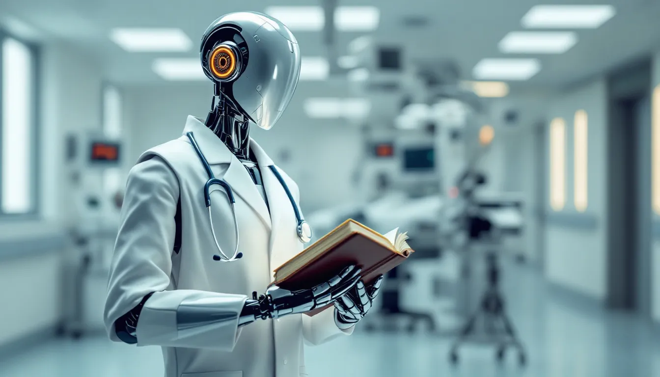 Image représentant un médecin et un patient dans une salle d’examen high-tech, entourés de graphiques numériques, d’éléments d’IA comme des réseaux neuronaux et des icônes médicales. Des écrans affichent des analyses d’images médicales, des données génétiques et des schémas d’organisation hospitalière. Cette illustration symbolise l’intégration profonde de l’intelligence artificielle dans le secteur de la santé, mettant en avant à la fois ses promesses – diagnostic, médecine personnalisée, optimisation – et les défis techniques, éthiques et humains à relever.