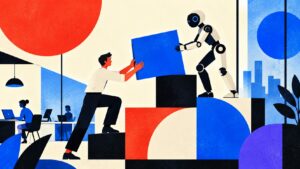 Illustration représentant un bureau moderne où humains et robots collaborent ensemble. On y voit un salarié travaillant sur un ordinateur portable tandis qu’à côté, un robot humanoïde analyse des données sur un écran digital. En arrière-plan, des graphiques symbolisent la croissance, la productivité et les transformations digitales. Cette image illustre parfaitement la convergence entre intelligence artificielle et travail humain, soulignant l’évolution profonde et l’intégration croissante des technologies IA dans les environnements professionnels contemporains.