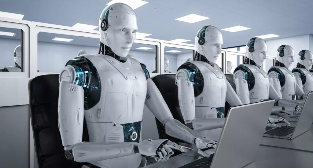 Illustration représentant un bureau moderne où humains et robots collaborent ensemble. On y voit un salarié travaillant sur un ordinateur portable tandis qu’à côté, un robot humanoïde analyse des données sur un écran digital. En arrière-plan, des graphiques symbolisent la croissance, la productivité et les transformations digitales. Cette image illustre parfaitement la convergence entre intelligence artificielle et travail humain, soulignant l’évolution profonde et l’intégration croissante des technologies IA dans les environnements professionnels contemporains.
