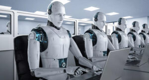 Illustration représentant un bureau moderne où humains et robots collaborent ensemble. On y voit un salarié travaillant sur un ordinateur portable tandis qu’à côté, un robot humanoïde analyse des données sur un écran digital. En arrière-plan, des graphiques symbolisent la croissance, la productivité et les transformations digitales. Cette image illustre parfaitement la convergence entre intelligence artificielle et travail humain, soulignant l’évolution profonde et l’intégration croissante des technologies IA dans les environnements professionnels contemporains.