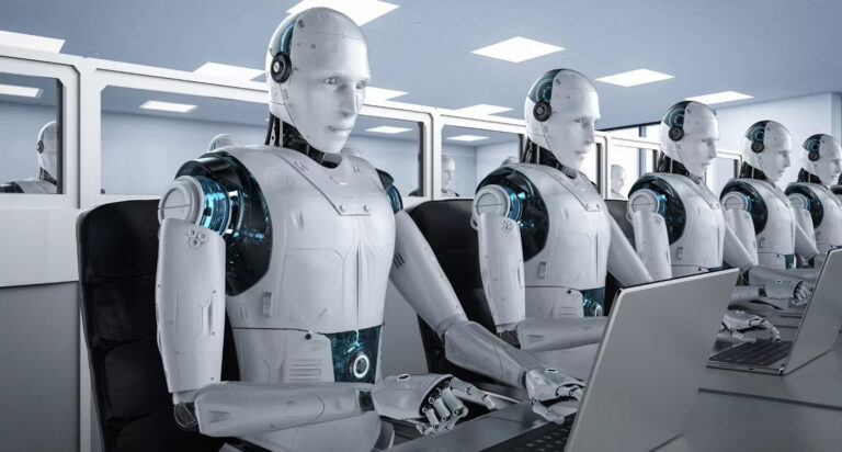 Illustration représentant un bureau moderne où humains et robots collaborent ensemble. On y voit un salarié travaillant sur un ordinateur portable tandis qu’à côté, un robot humanoïde analyse des données sur un écran digital. En arrière-plan, des graphiques symbolisent la croissance, la productivité et les transformations digitales. Cette image illustre parfaitement la convergence entre intelligence artificielle et travail humain, soulignant l’évolution profonde et l’intégration croissante des technologies IA dans les environnements professionnels contemporains.